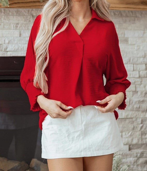 Solid Collared Vneck Top