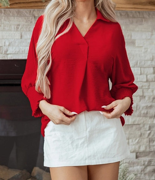 Solid Collared Vneck Top
