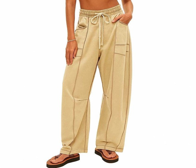 Ladies Contrast Elastic Waist Drawstring Barrel Pants