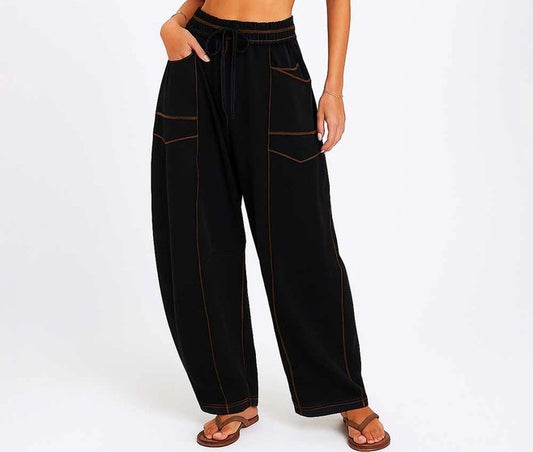 Ladies Contrast Elastic Waist Drawstring Barrel Pants