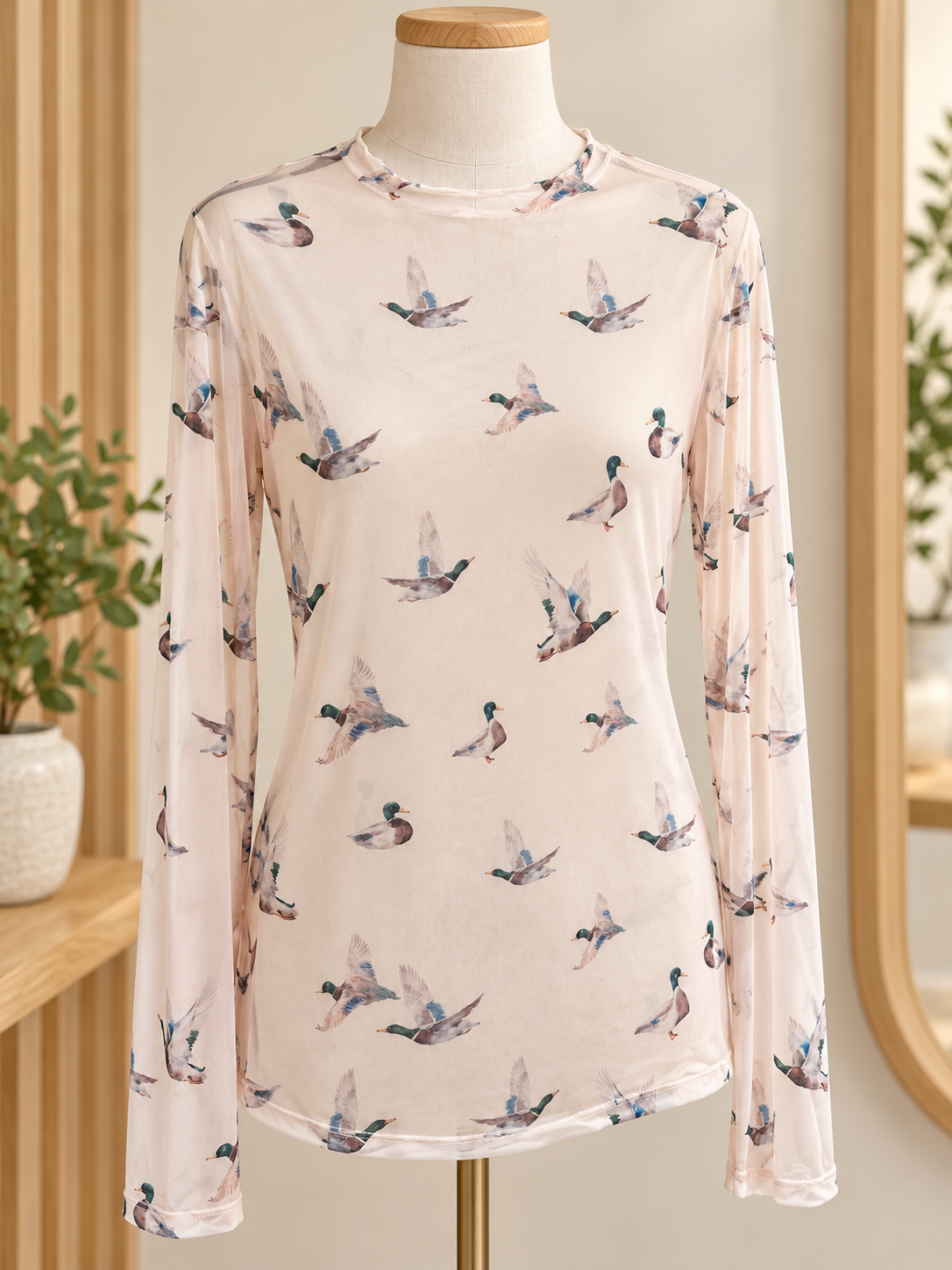 Sheer Mallard Print Long Sleeve Top