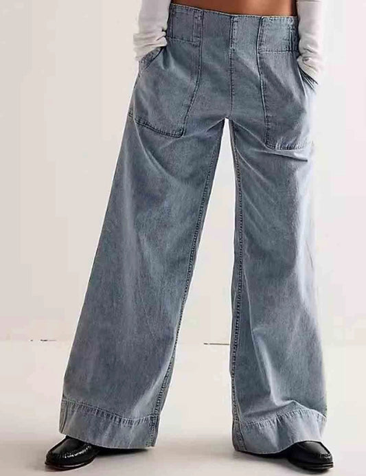Ladies Elastic Waist Pocket Wide Leg Jeans